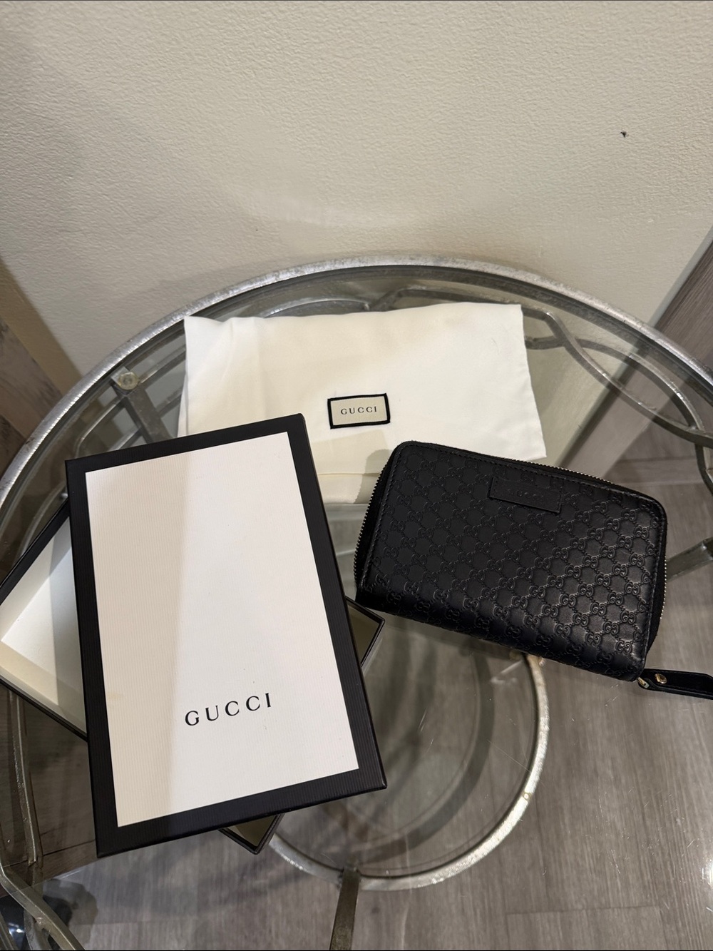 Gucci Black Leather Zip-Around Wallet with Gold Hardware
